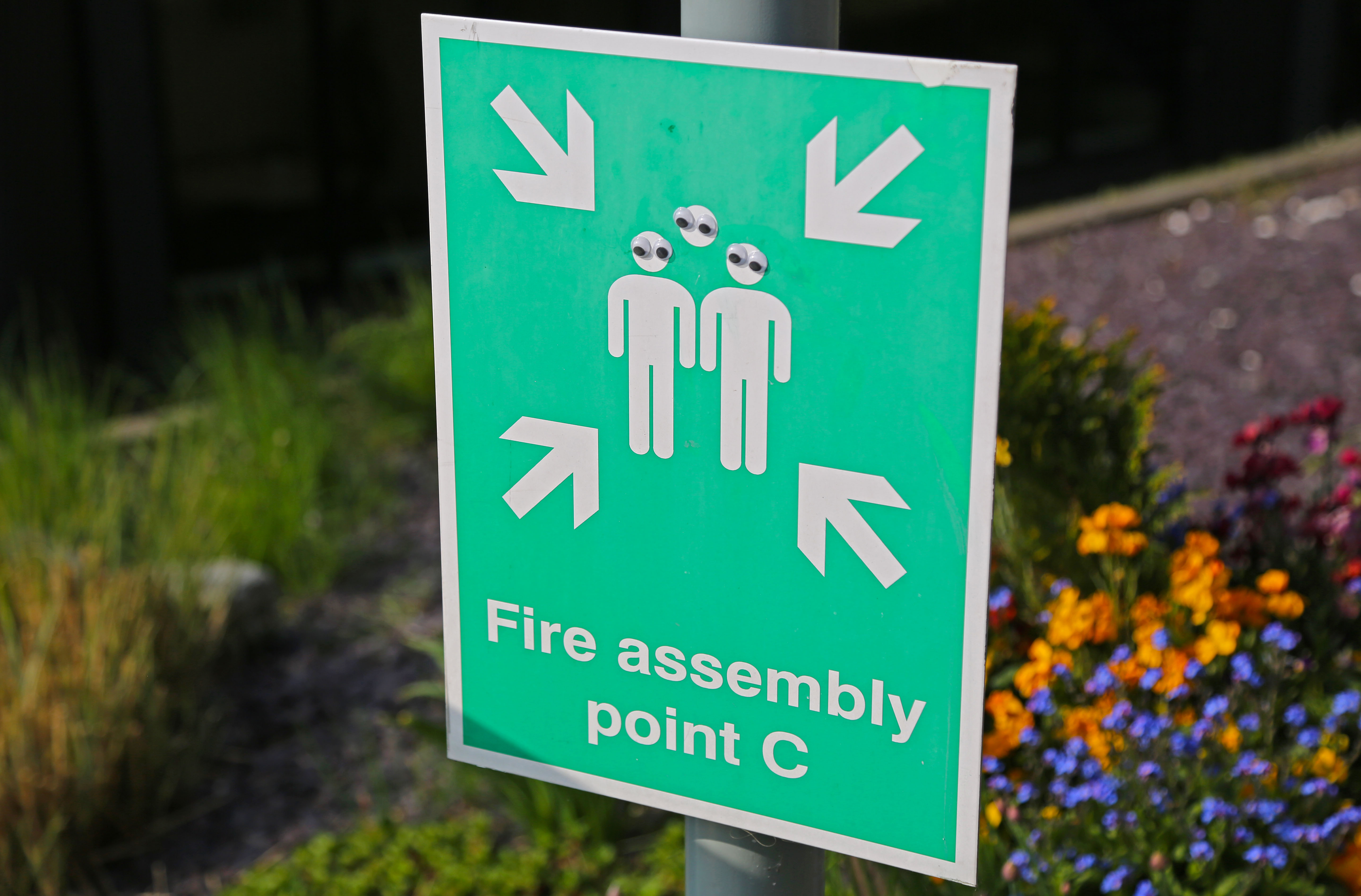 Googly eyes placed on the figues on a Fire Assembly sign