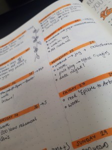 Photo from Rosie's bujo of a bright orange weekly spread, with notes in black ink