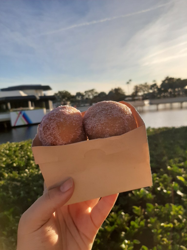 Rosie's hand holding a small box of Strawberry Dusted Yeast Donut Holes against a blue sky