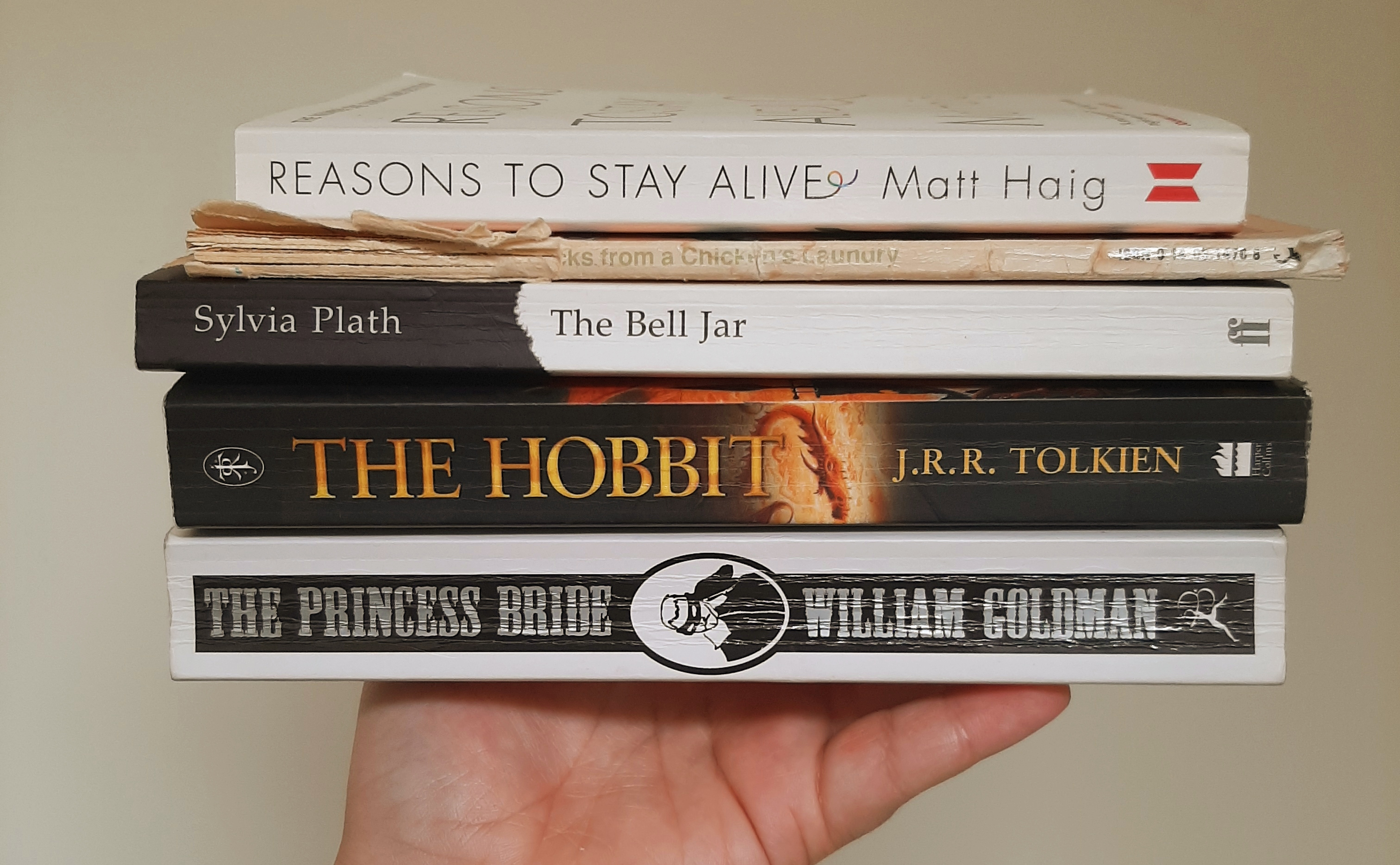 Five Books That Bring Me Joy - Rosie's hand holding a pile of the five books