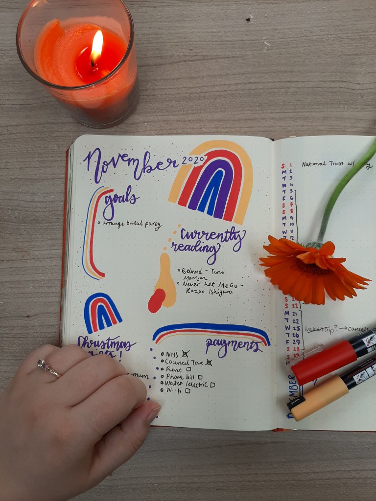 November bullet journal goals spread on light wood table. There's an orange candle, orange flower, and two red and orange Posca Pens. Rosie's left hand sits on the bottom of the page, hiding the Christmas list!