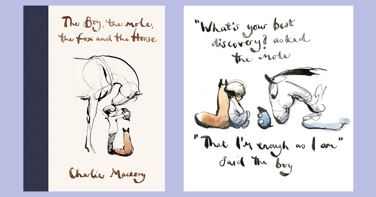 Cover of the book, next to an image from the book showing the four characters together