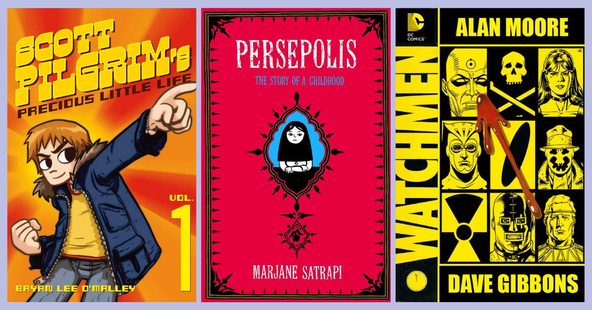 Book Covers - Scott Pilgrim 1 by Bryan Lee O'Malley, Persepolis by Marjane Satrapi, Watchmen by Alan Moore and Dave Gibbons