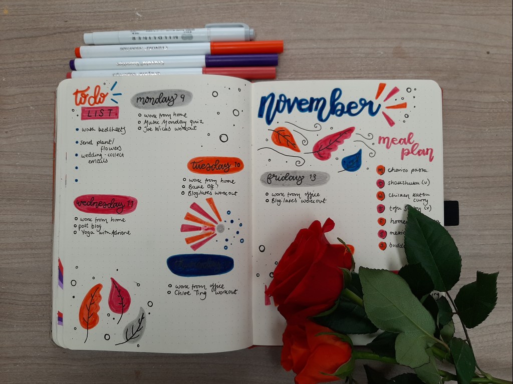 Jewel toned weekly spread, with drawings of leaves. Red and orange roses lay on the page.
