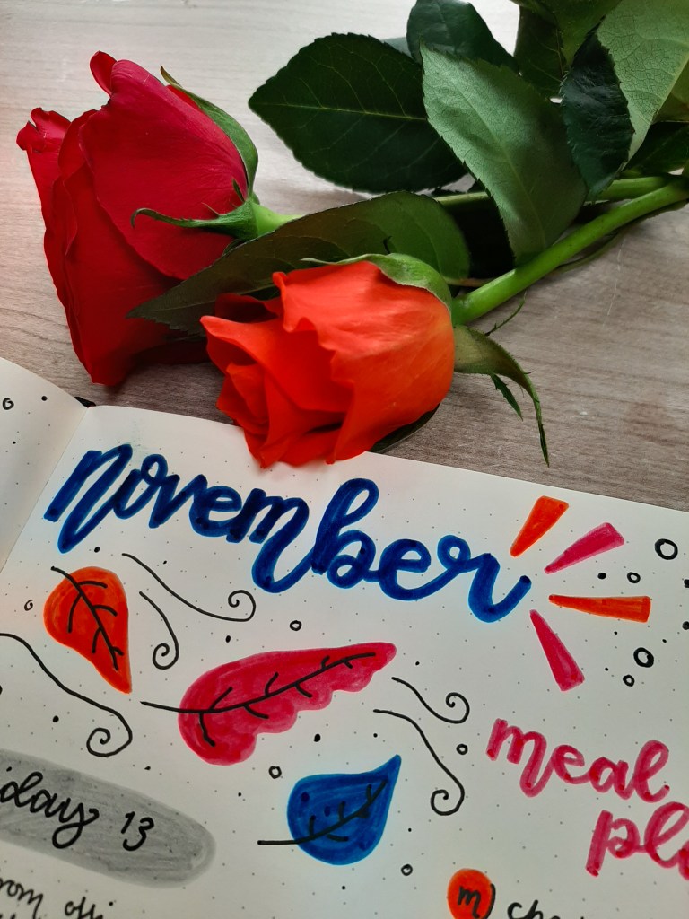 November title in navy calligraphy. Red and orange roses sit above it.