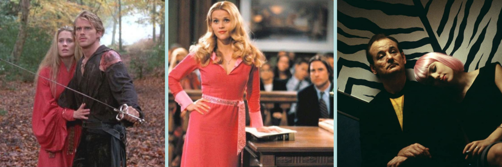 l-r; characters of Buttercup and Westley from The Prince Bride; Elle Woods from Legally Blonde; Bill Murray and Scarlett Johansson in Lost in Translation