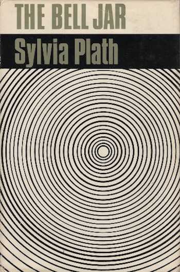 Book cover for The Bell Jar. Black and white circles eminate from the centre. The Bell Jar is written in block grey capitals at the top of the page, Sylvia Plath underneath.