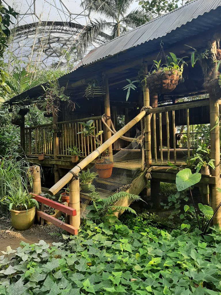 A wooden hut made from bamboo. It is surrounded by various types of green tropical plants.