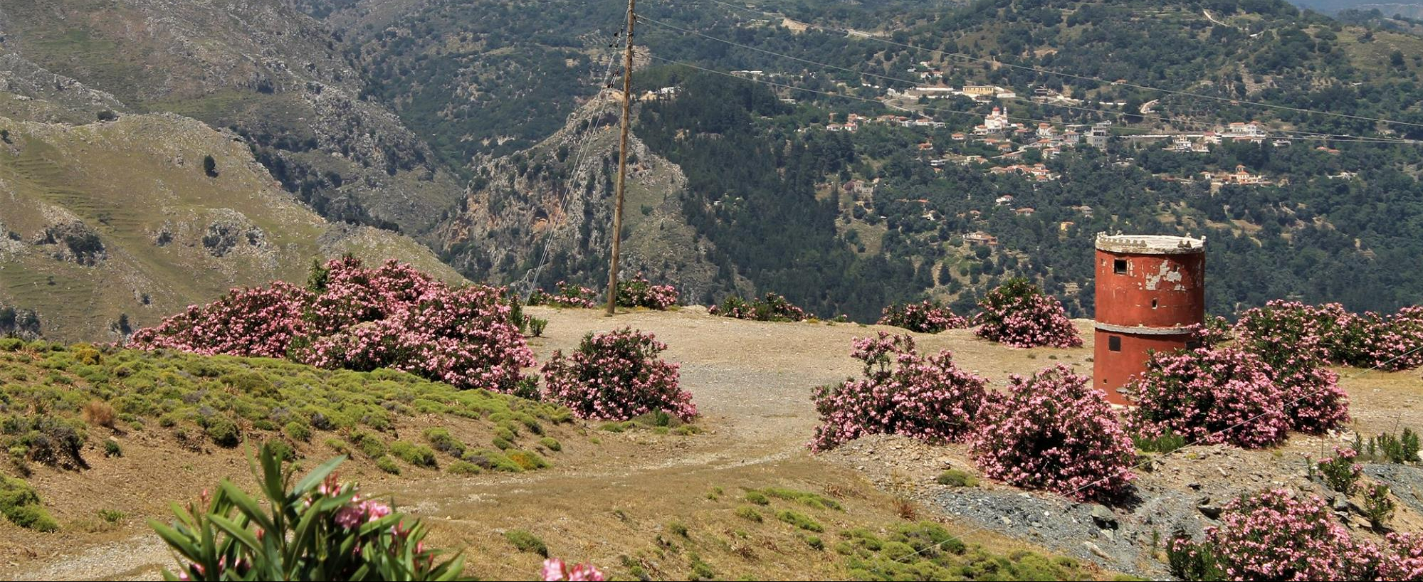 An image of a green and brown countryside in Crete, with pink flowers and a red tower.
