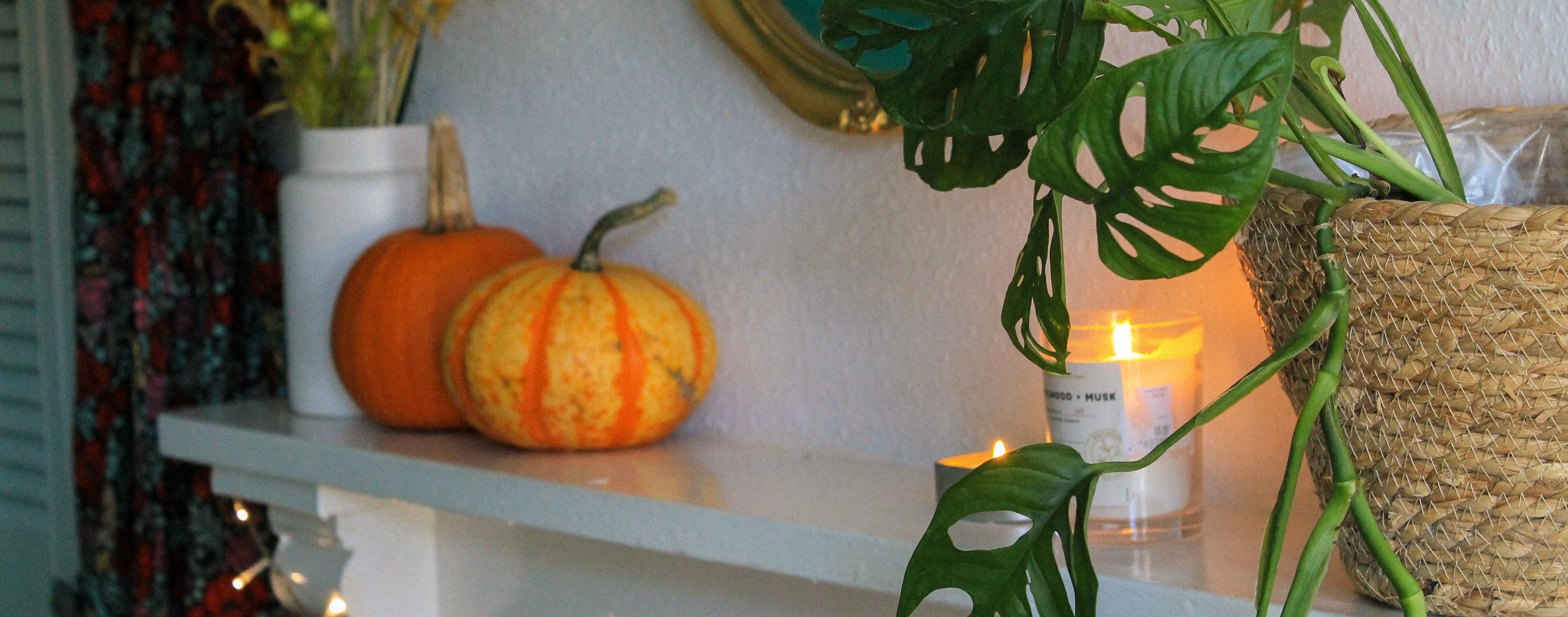 A white mantlepiece, with two pumpkins, a candle, and a green monstera plant.