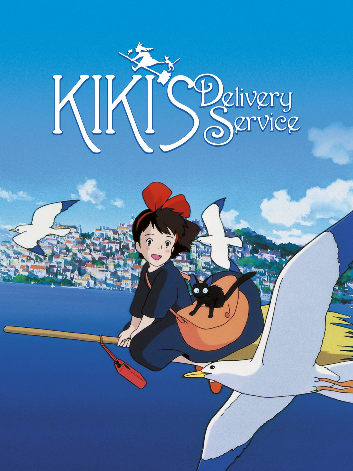 The film poster for Kiki's Delivery Service. It has Kiki, a black haired girl in a navy dress and a red bow in her hair, riding a broomstick amongst seagulls. She is over the sea, and is carrying a brown satchel which a black cat is sitting on.
