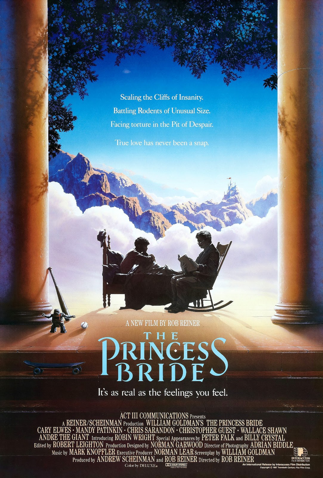 The poster for The Princess Bride. In shadow, there are two figures sat reading a book amongst marble pillars, mountains, and clouds.