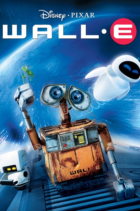 The film poster for WALL-E. It has WALL-E (a yellow cube shaped robot) holding a green plant, and EVE (a white rounded robot) flying through the air.