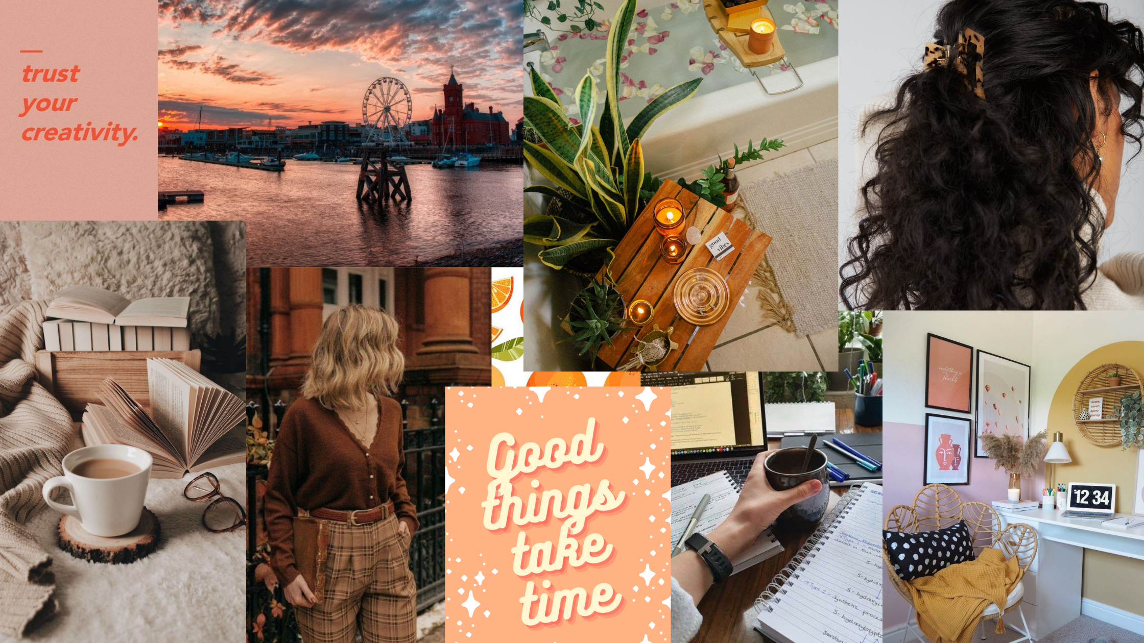 A mood board of orange themed images.