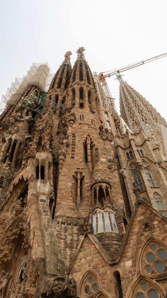 A dusty-orange coloured cathedral, with multiple, intricate spires and windows, towering into the grey sky. The tops of the spires are covered with netting and a crane sticks out of the top of the building. 