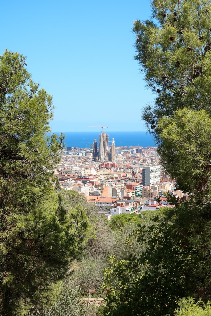 The grey building of the Sagrada Familia basilica sits amongst blocks of yellow and orange buildings seen from a distance. The sea and sky are blue behind it and green foliage sits on the left and right of the image.