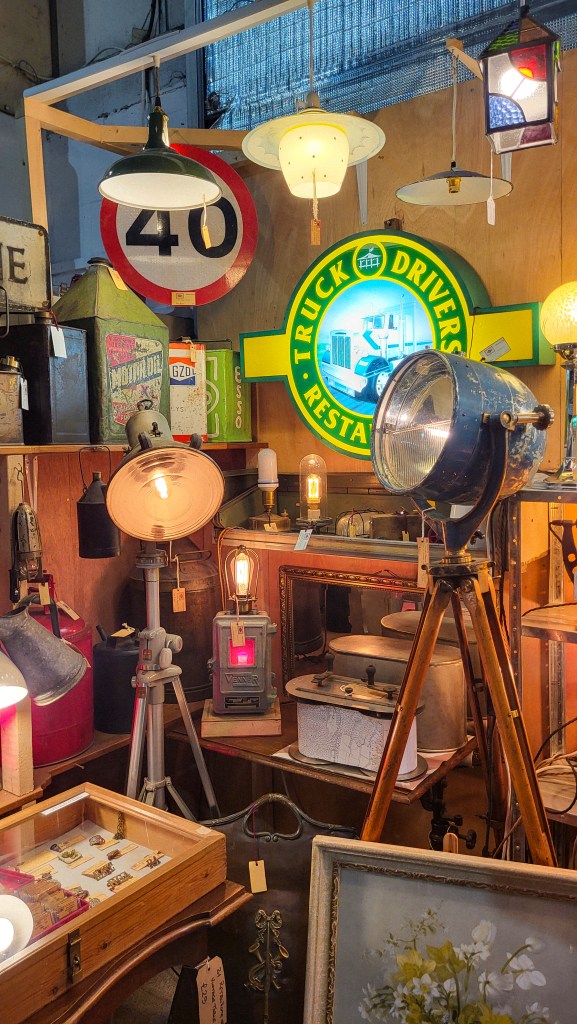 Vintage lights and signs in a wooden booth
